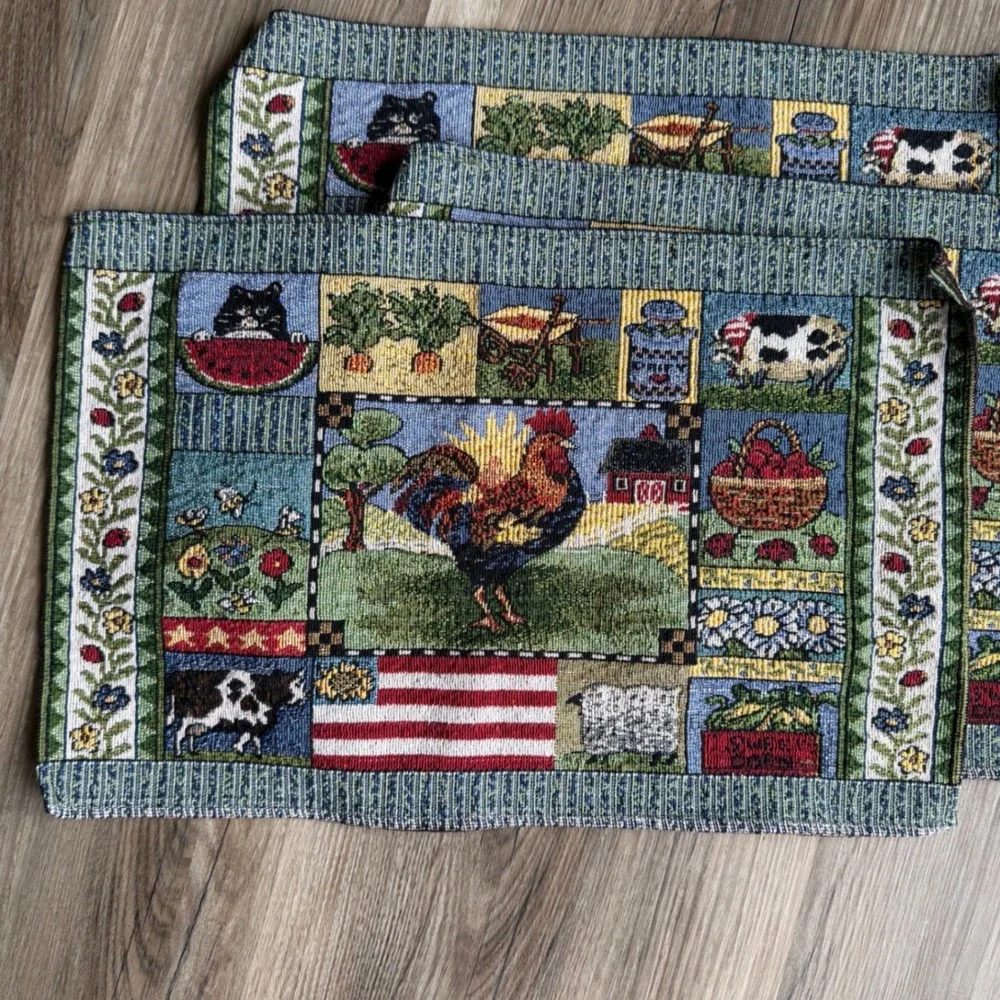 Vintage Farmhouse Woven Tapestry Placemats Set of 3 Rooster Cow Country Decor